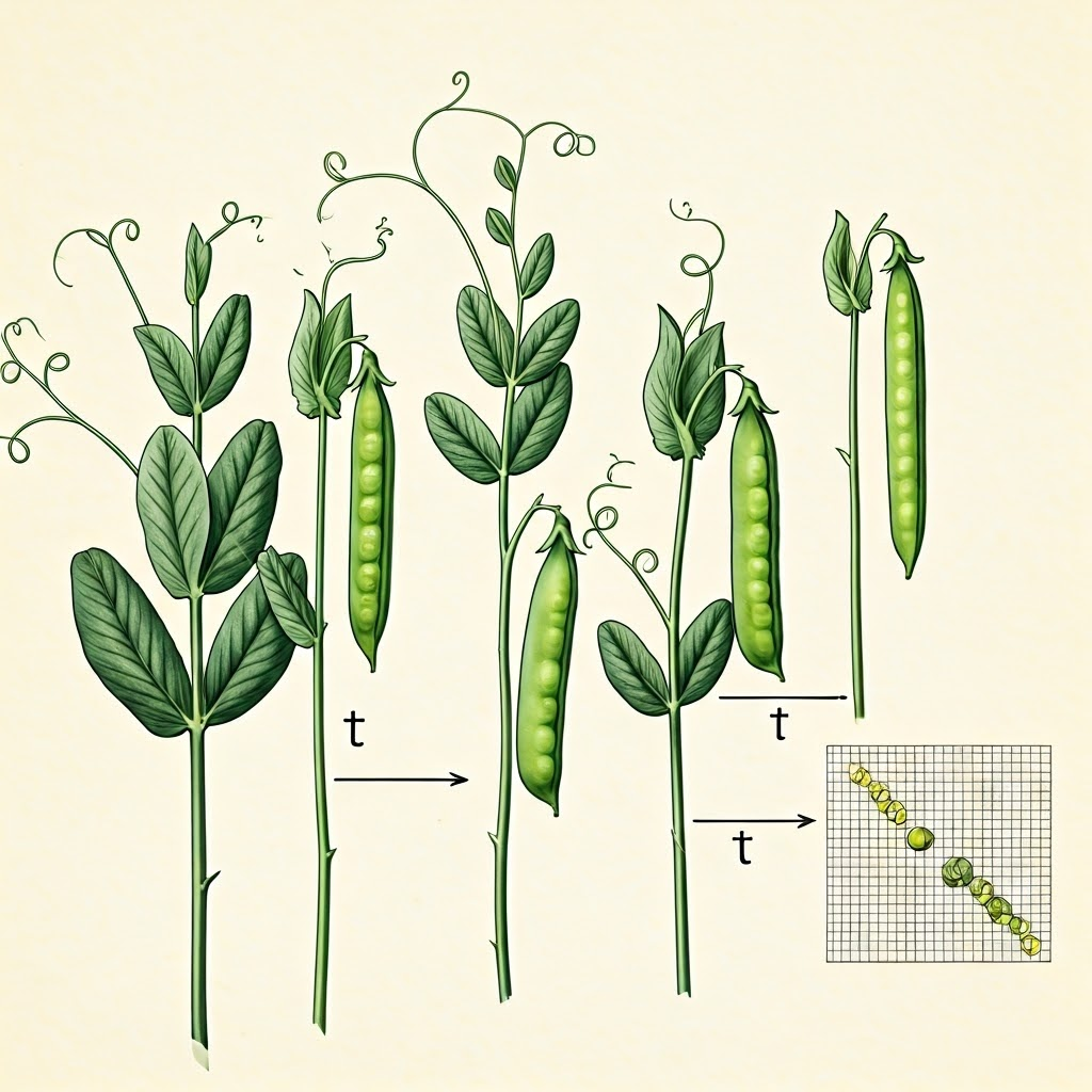 Hand-drawn pea plant crosses visualize dominant and recessive traits discovered by Mendel.