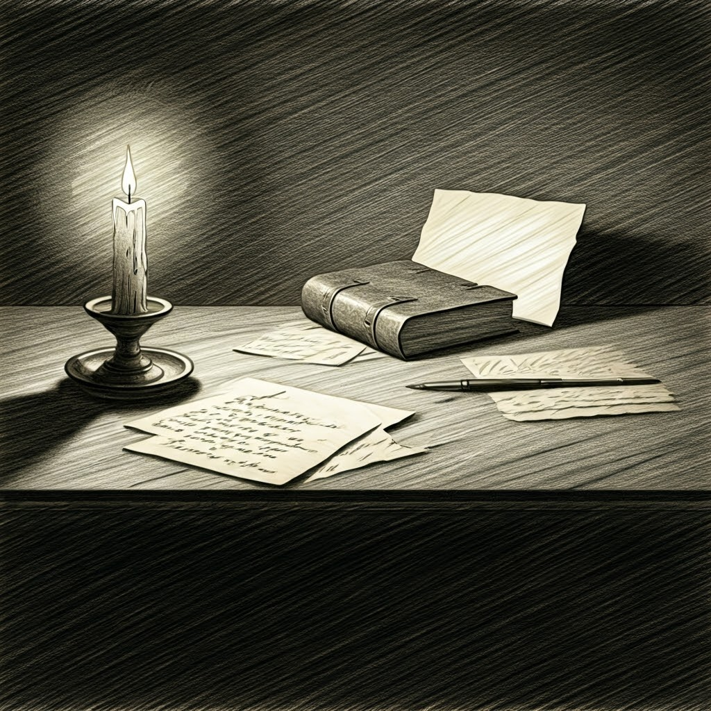 Candlelit desk scattered with Latin letters and a closed leather journal, suggesting slow knowledge exchange.