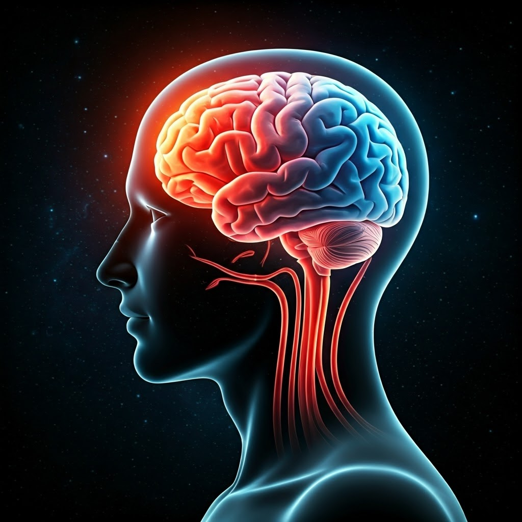 Illustration showing a glowing amygdala and ventromedial prefrontal cortex lighting up inside a human head silhouette against a dark starry background, symbolizing creative ignition