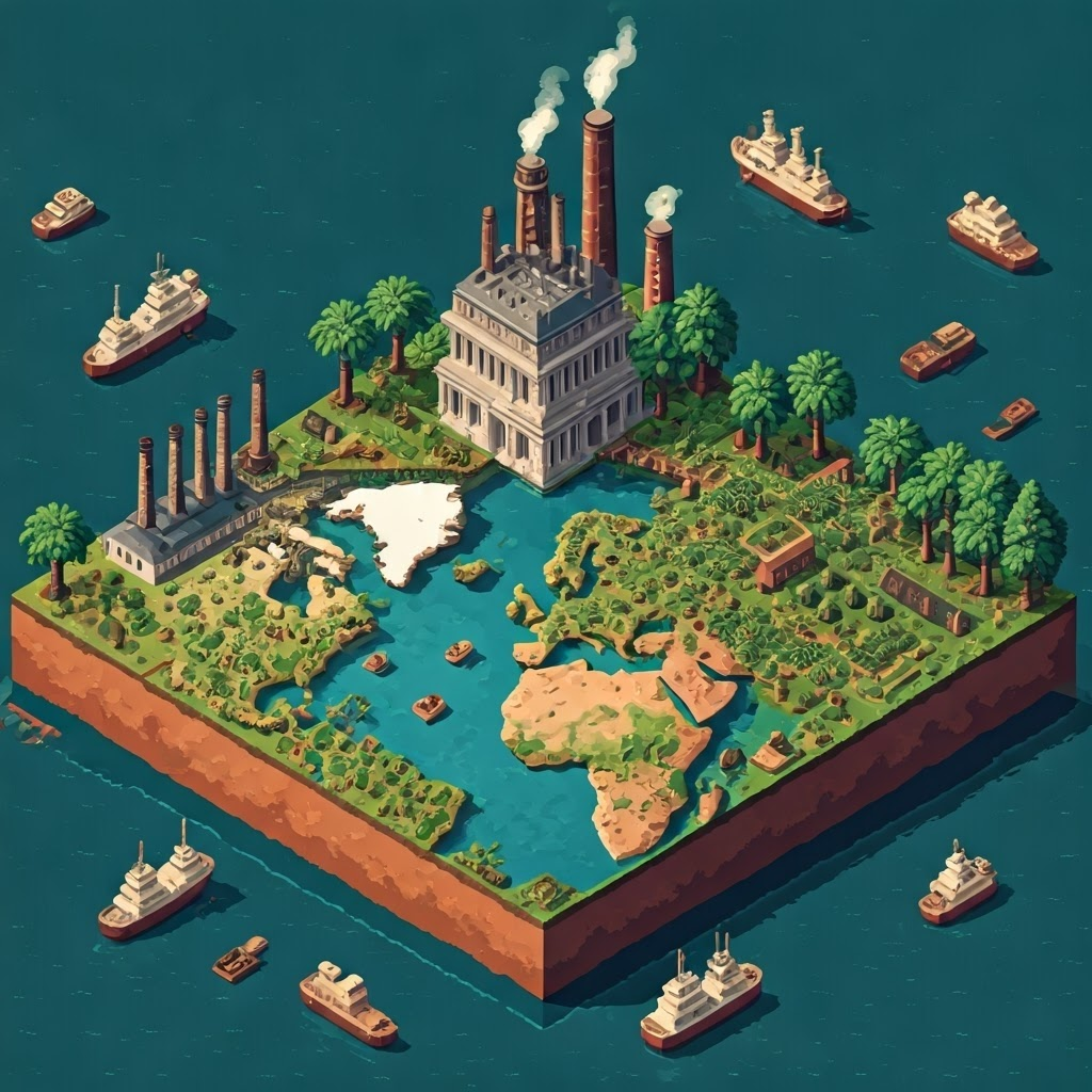 Pixel-art world map shows an industrial European core and resource-rich peripheral plantations linked by busy sea lanes