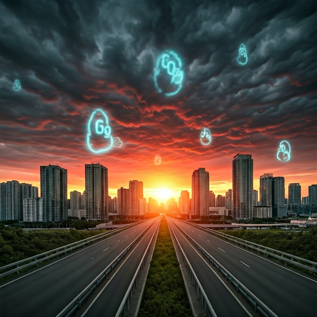 Stormy skyline under heat haze with greenhouse-gas icons above highways, underscoring transport’s climate impact.