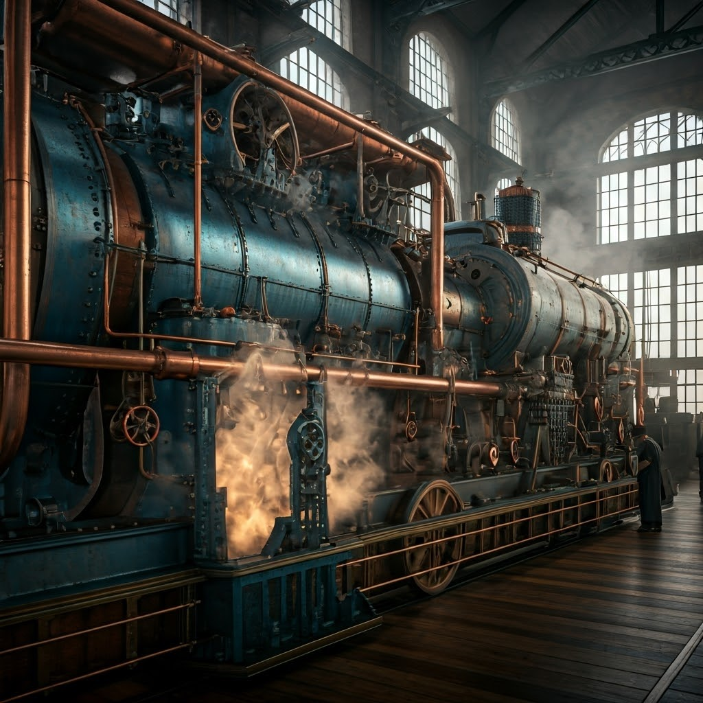 Early steam engine with separate condenser, copper pipes feeding vapor into a cool side chamber while workers look on