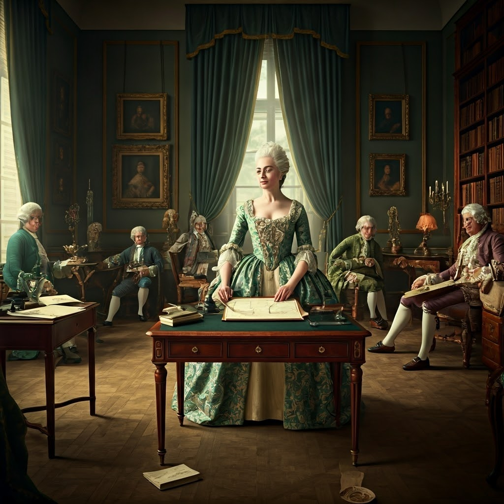 Madame Geoffrin directing a lively discussion among artists and philosophers in her richly furnished salon, emphasizing her central role in Enlightenment circles.