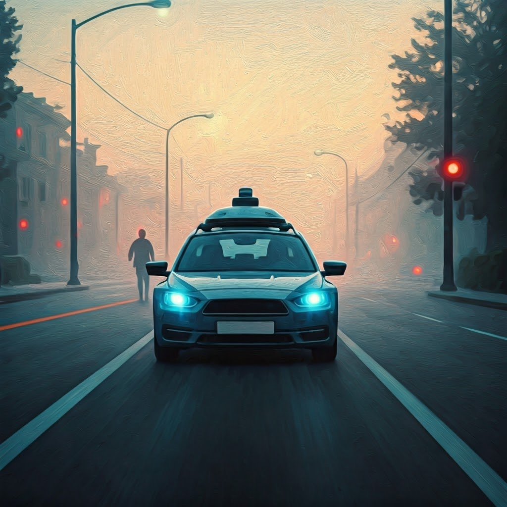 Autonomous car drives through dense fog using combined camera lidar and radar to detect a distant pedestrian