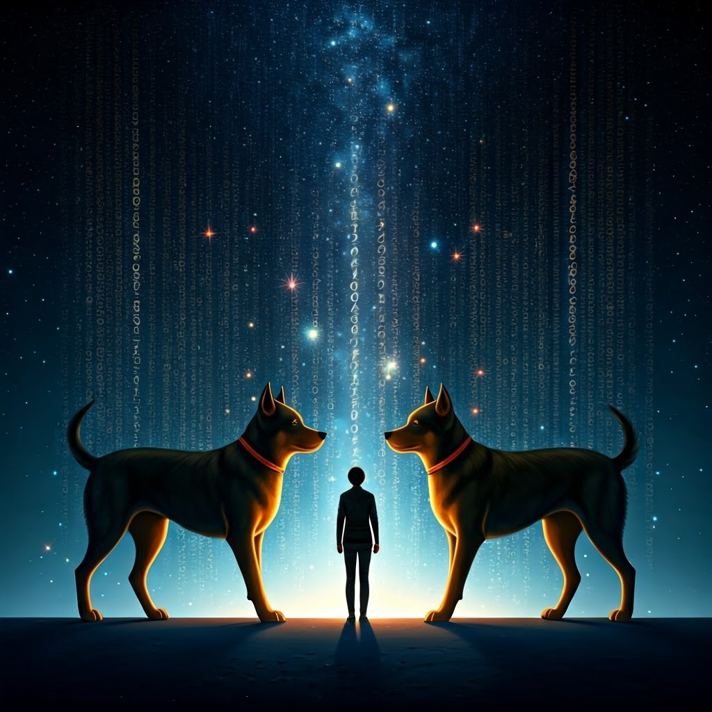 Person puzzled between two similar dogs under a starry sky with glowing numeric patterns floating around