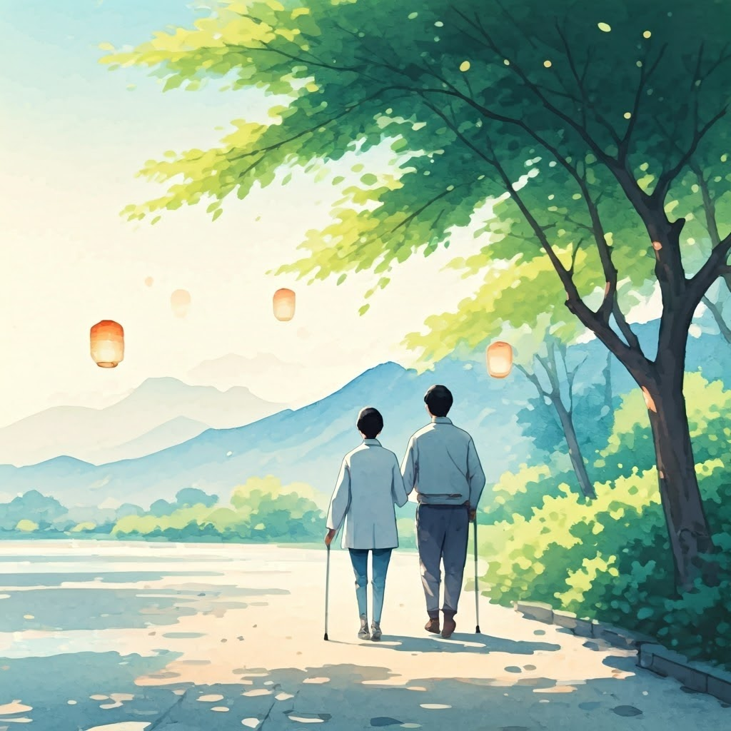 Two figures walk in a tranquil park, one guiding with a white cane amid soft watercolor greens.