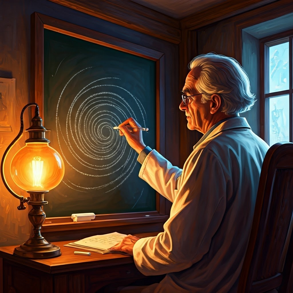 An elder physicist sketches particles turning into waves on a chalkboard, capturing the concept of wave-particle duality