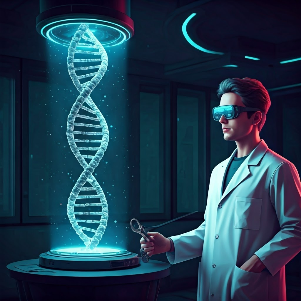 Futuristic gene-editing lab with holographic DNA and scientist in AR goggles, highlighting cutting-edge biotechnology