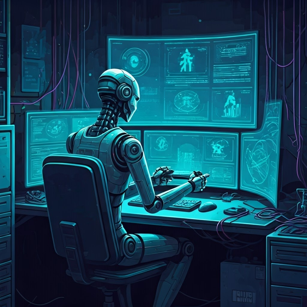 Humanoid robot in a neon-lit lab focused on a glowing game controller, illustrating trial-and-error learning