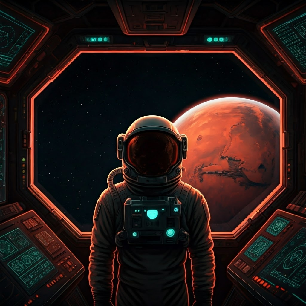 An astronaut drifts in a dim spacecraft, gazing at Mars glowing outside the window, evoking anticipation of interplanetary travel.