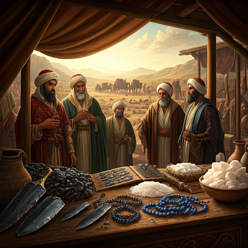 Market stall displaying obsidian blades, lapis beads, and salt nuggets as dawn caravans depart across a valley