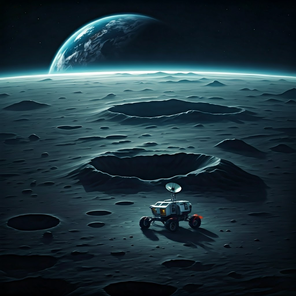 Lonely rover on dark lunar surface with Earth glowing above the horizon