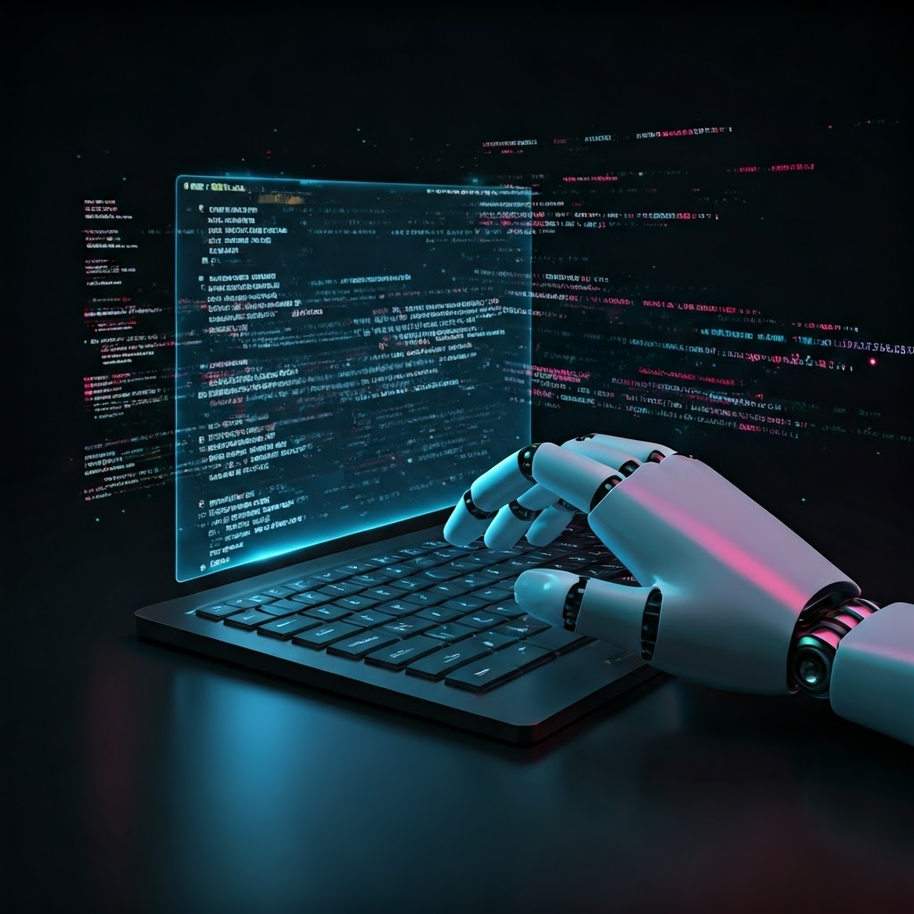 Robotic hand typing Python code on a holographic keyboard with flowing data points