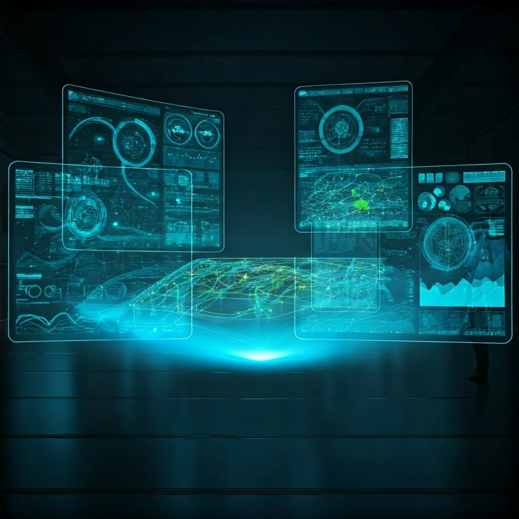 VR control center with holograms of energy flows batteries and grid nodes—visualizes the modern power grid