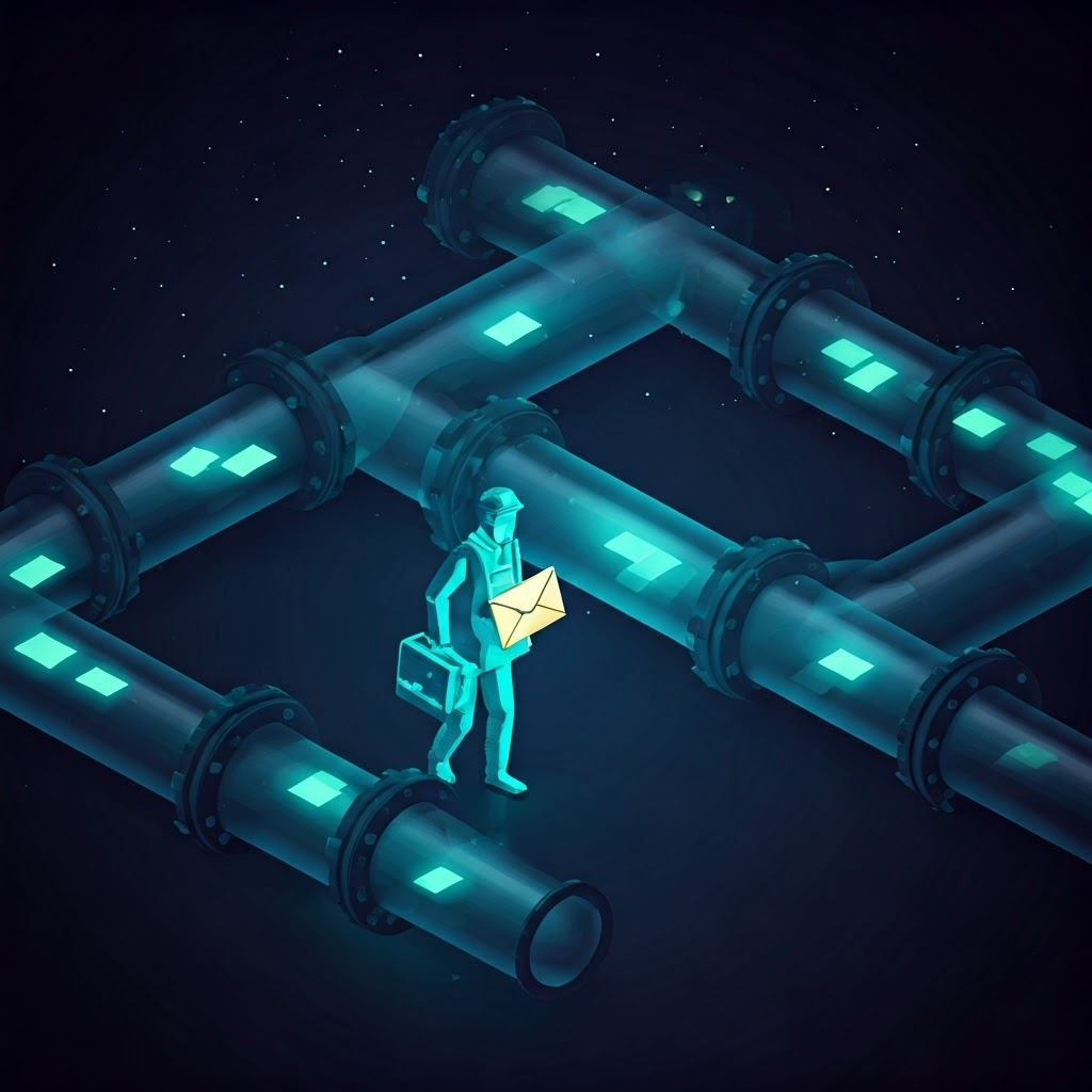 Messenger walks glowing data orbs through transparent pipes, symbolizing HTTP carrying packets across the internet.