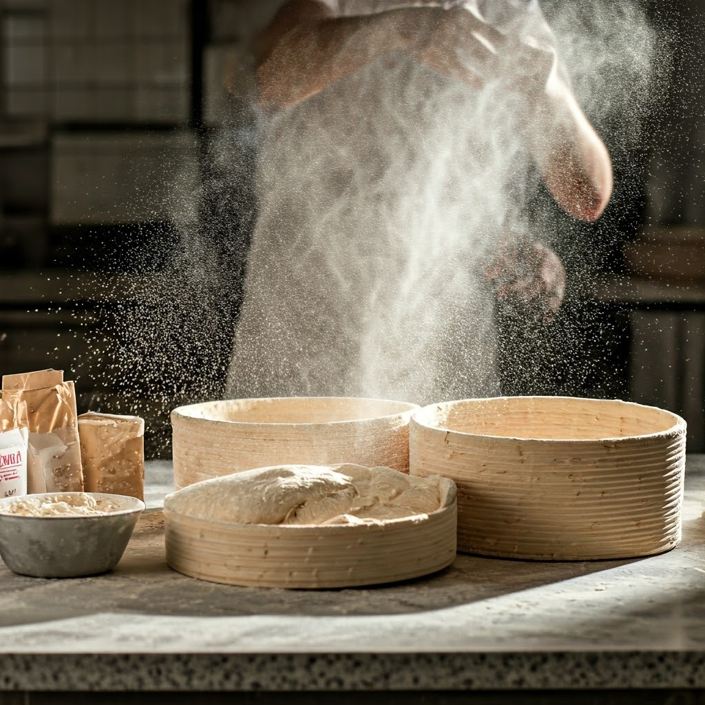 Street-style photo of baker amid rising dough and flying flour, spotlighting yeast activity