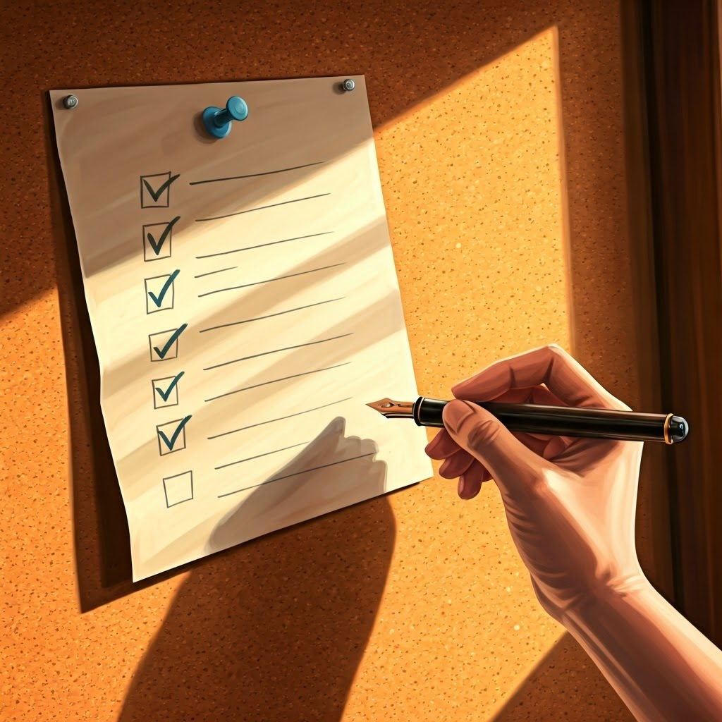 Cheerful checklist on corkboard with items neatly ticked off