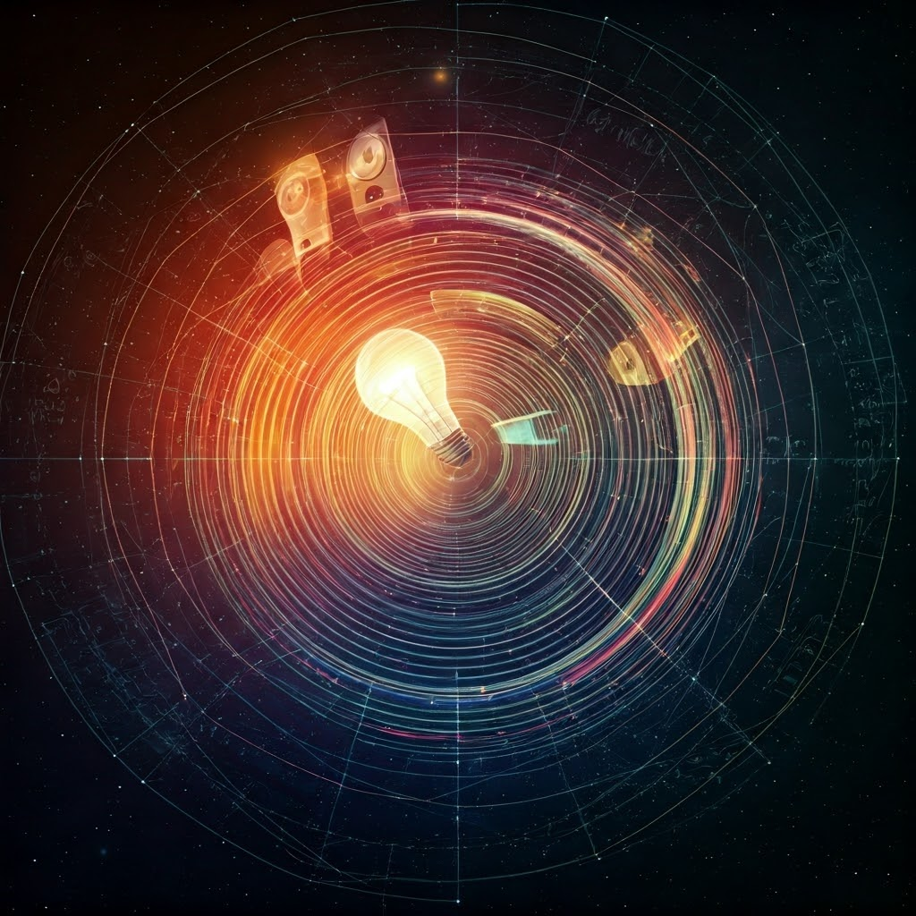 Collage showing light, heat, and sound radiating from a central orb that represents conserved energy.