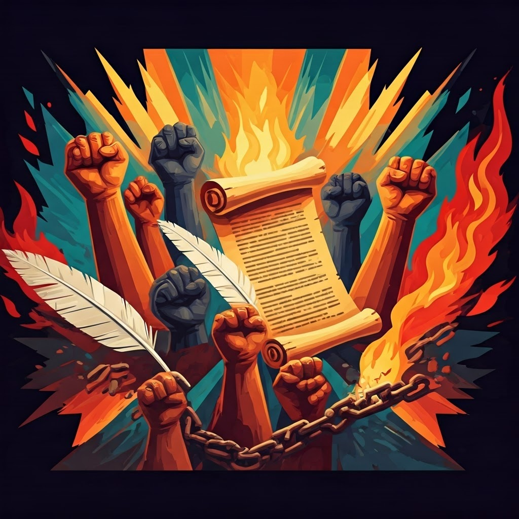 Raised fists, broken chains, and neon flames collide in a bold pop-art collage of revolution.