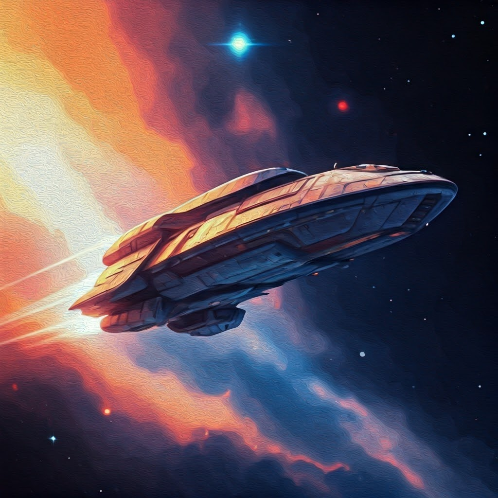 A speeding spaceship visually compresses as it races past a colorful nebula, depicting length contraction.
