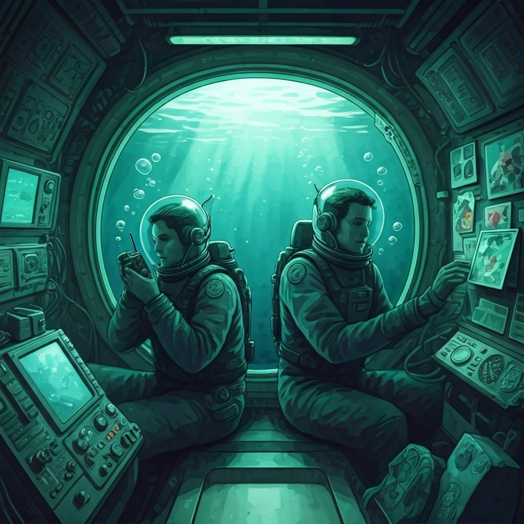 Crew members adjust mood lighting and radio the surface from an underwater habitat hatch.