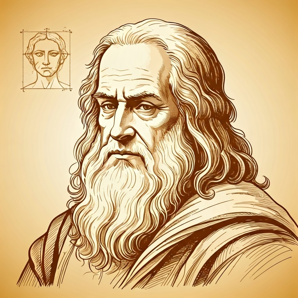 A vintage-style drawing showing Leonardo da Vinci surrounded by sketches.