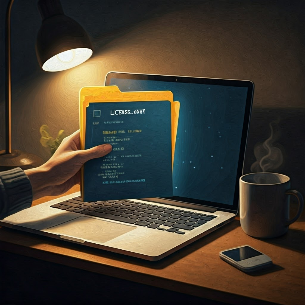 Developer adding new LICENSE file to glowing repo folder beside warm mug