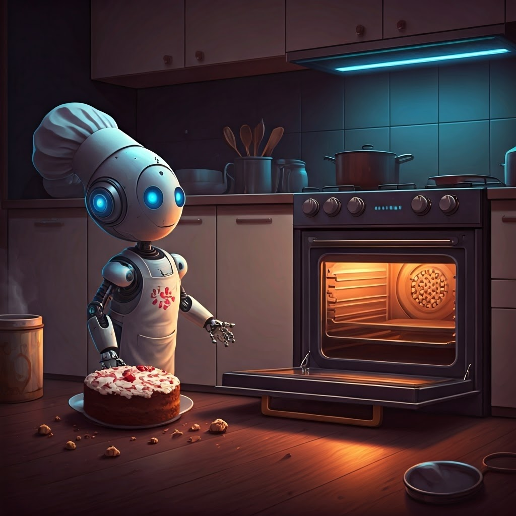 Friendly kitchen robot staring at a sunken cake, oven door ajar, illustrating the risk of tasks done without feedback.