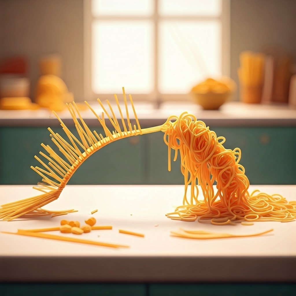 Side-by-side spaghetti bridges—dry pasta stands firm while cooked noodles sag—illustrating rigid versus compliant structures.