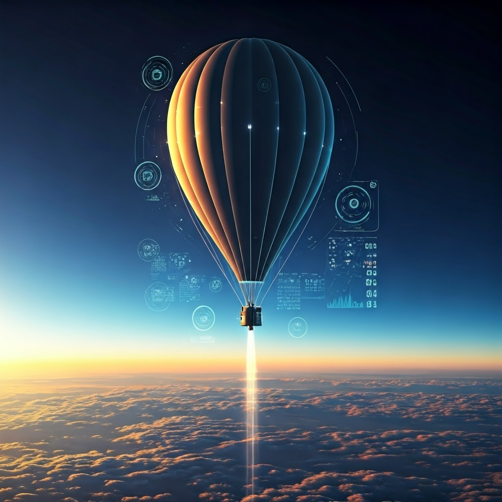Weather balloon ascending with data readouts illustrating vertical profiles of temperature, humidity, and pressure.