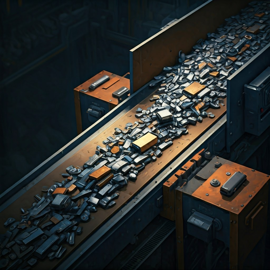 Conveyor sorting shredded battery pieces into separated metals like cobalt, nickel, and copper