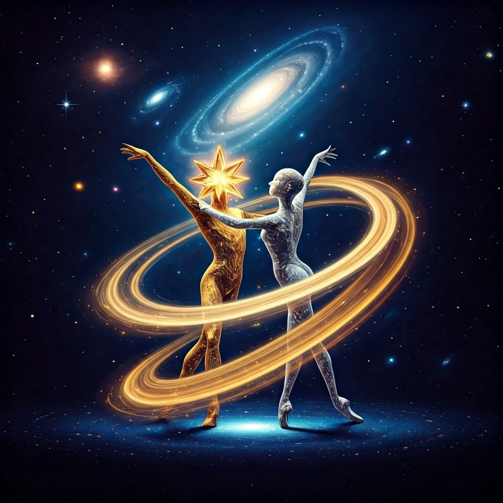 Metaphorical artwork showing star and planet dancing to depict radial velocity wobbles.
