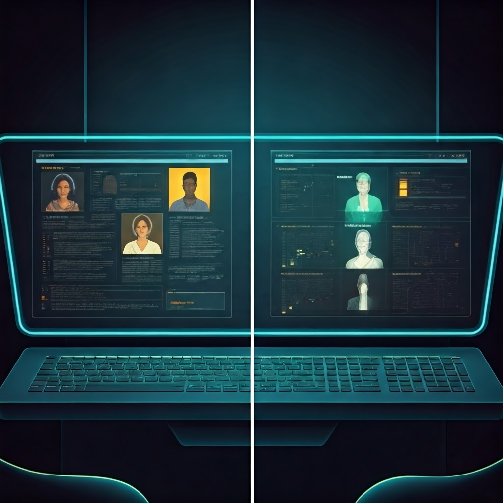 Hiring screen dims female profiles while male ones glow; a medical dashboard favors white patients over sicker Black patients.