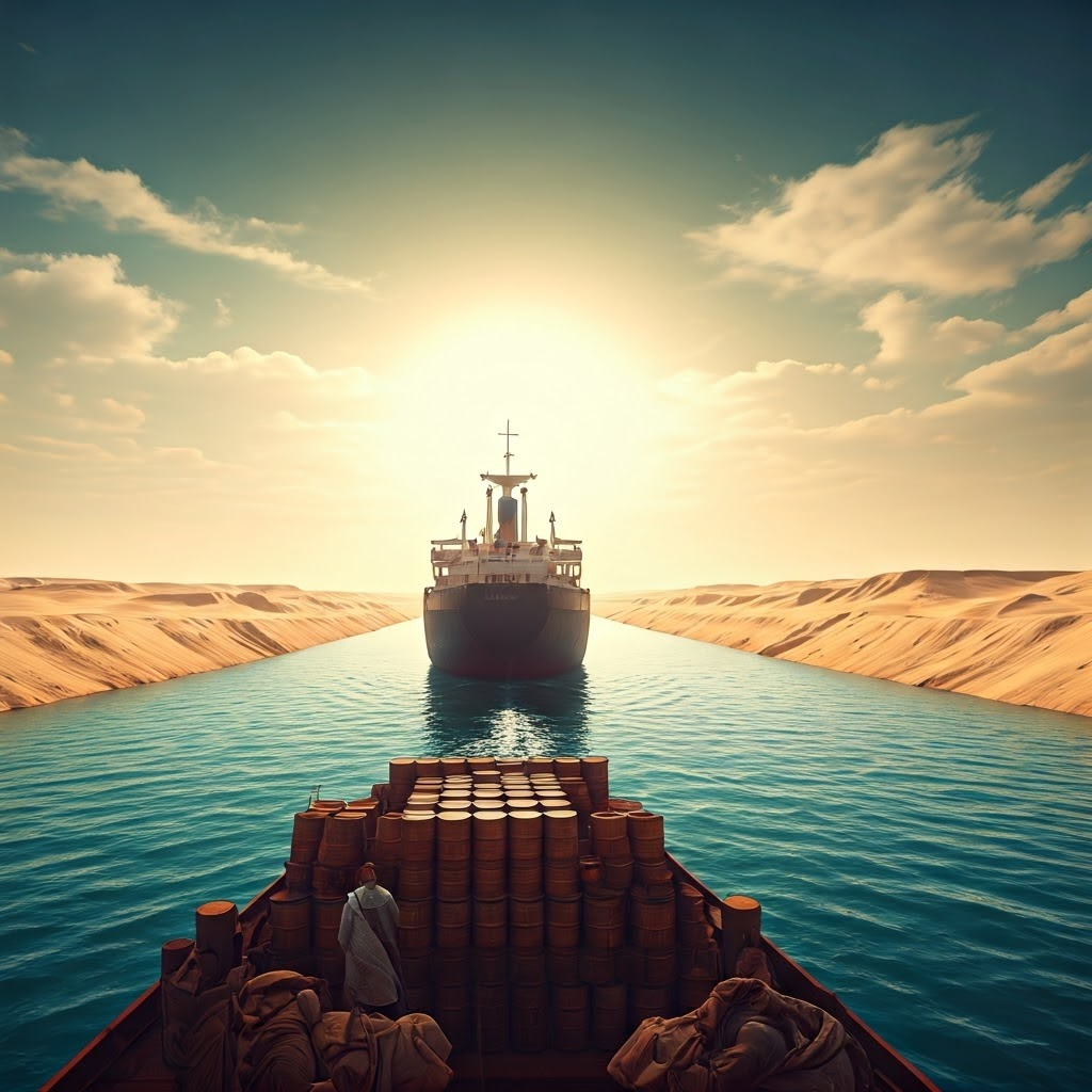 1950s cargo ship in the narrow Suez Canal, blue water against desert sands, Egyptian dockworkers watch—symbol of a prized global shortcut