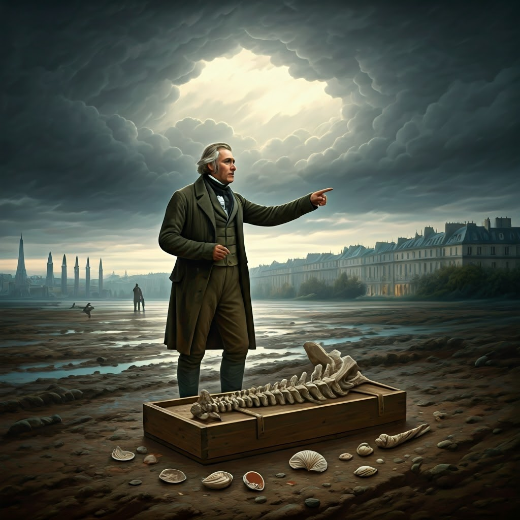 Early 19th-century paleontologists uncover massive fossils under stormy skies, highlighting challenges to fixed species belief