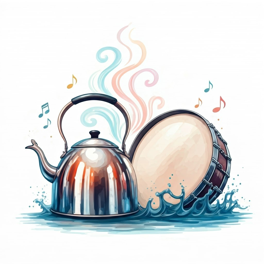 Shiny metal kettle sending pastel lines upward next to a bass drum with deep blue waves, showing high and low pitch.