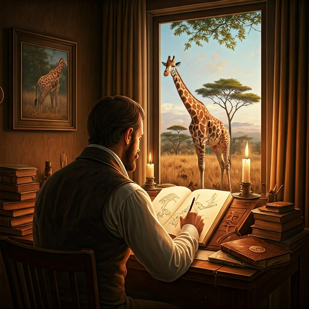 Romantic-era naturalist sketching a giraffe stretching its neck, illustrating Lamarck’s ideas on acquired traits