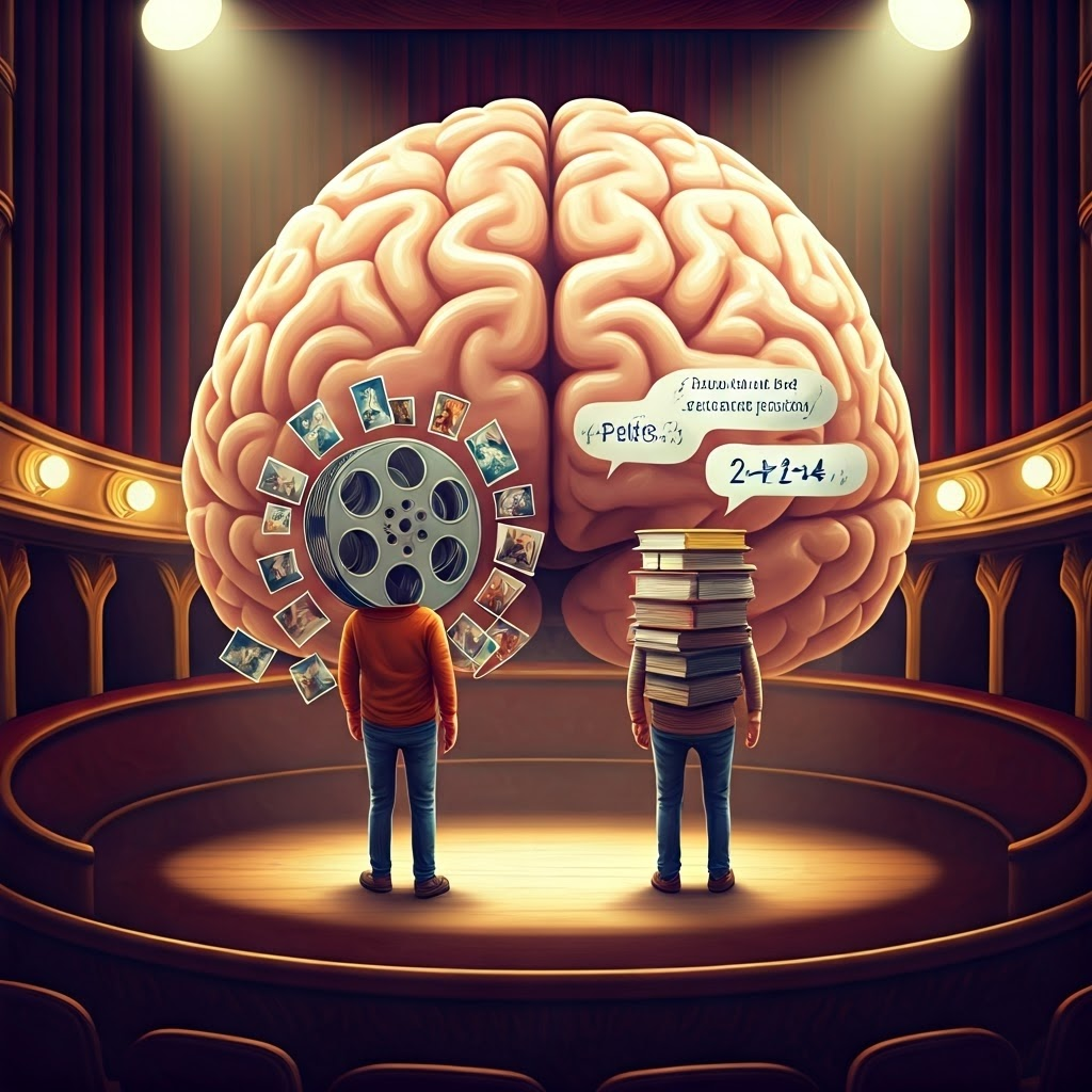 Illustration of a brain-as-theater where two characters represent episodic and semantic memory under warm spotlights, blending personal stories with factual knowledge for improved memory recall.