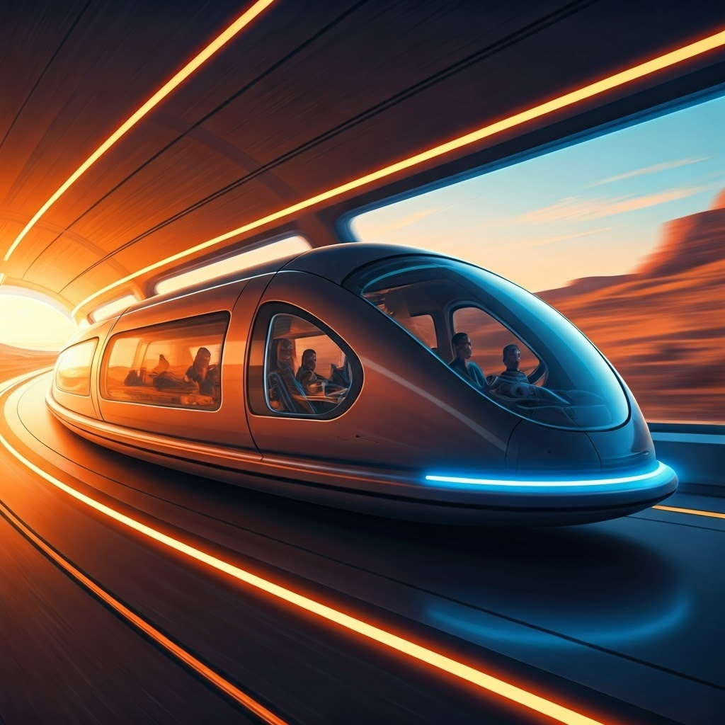 Hyperloop capsule racing through a tunnel with warm and cool motion blur, capturing the allure of extreme speed.