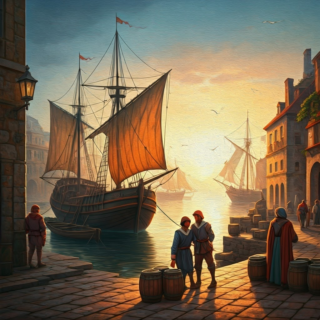 Sunrise over a busy 1492 European port where crews load wooden sailing ships for departure