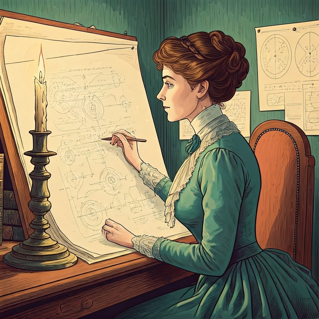 Victorian mathematician sketches algorithms beside Analytical Engine diagrams pinned on the wall.