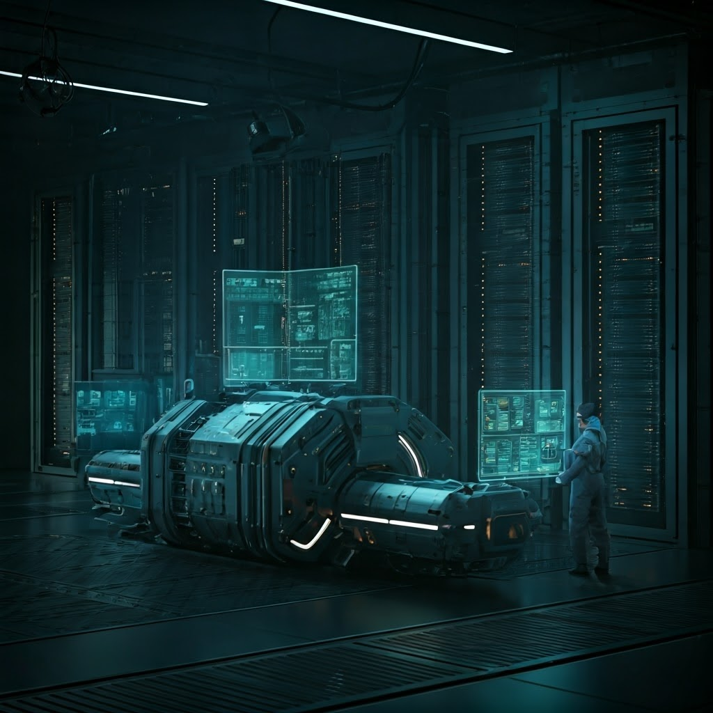 High-tech CGI render of a glowing machine in a data center, highlighting specialized performance