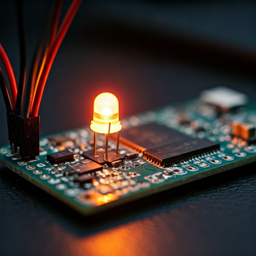 A macro photo captures an LED on an Arduino Uno blinking every half second—the classic first project.