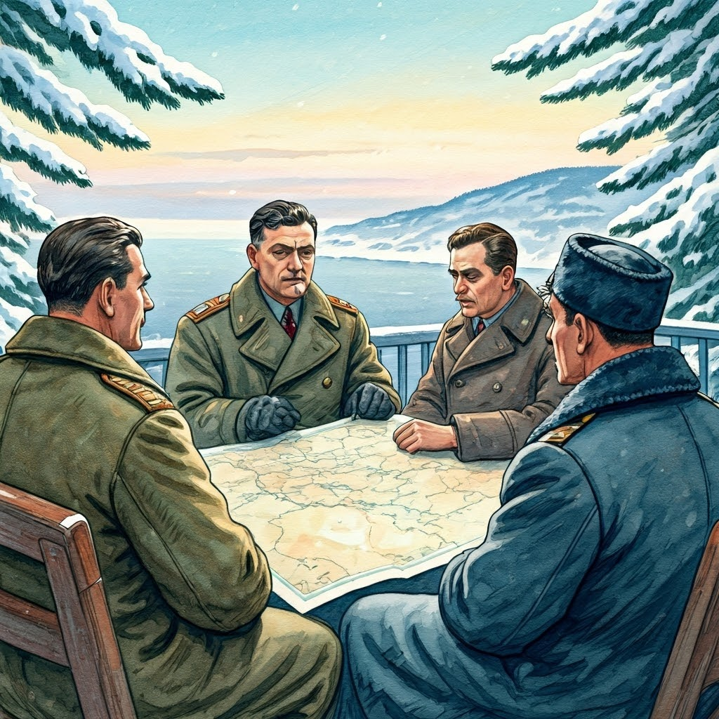 Allied leaders in heavy coats examine Europe’s map at Yalta, February 1945, deciding the continent’s future.