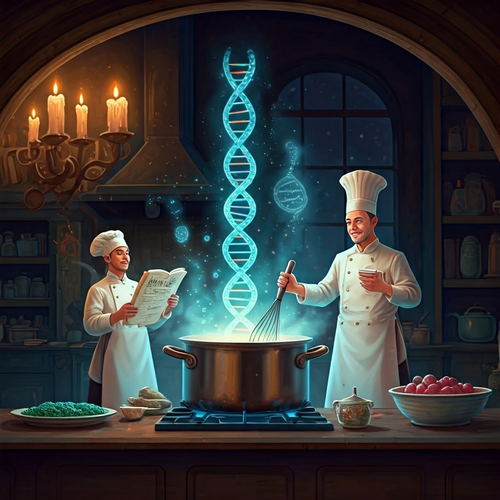 Whimsical kitchen scene with chefs mixing glowing DNA, RNA, and protein strands, representing multi-omics research.