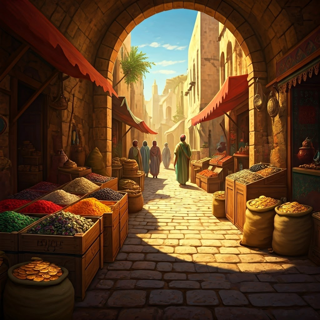 Sunlit Mediterranean market stalls overflow with jewel-toned spices and gleaming coins, capturing Europe’s longing for exotic goods.