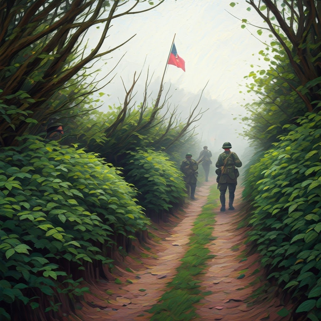 Allied infantry navigating dense Normandy hedgerows while hidden German troops watch from foliage.