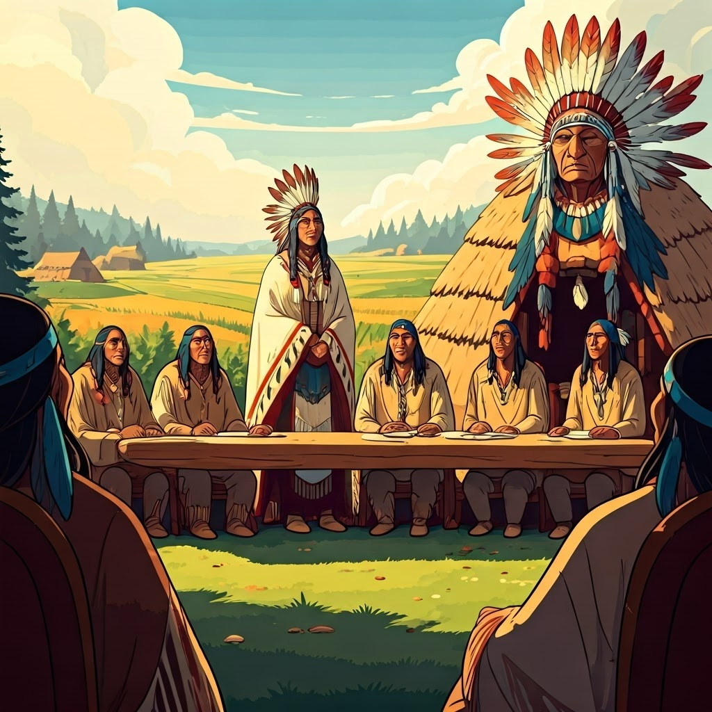 Iroquois clan mother calmly moderates a council circle, emphasizing female political authority.