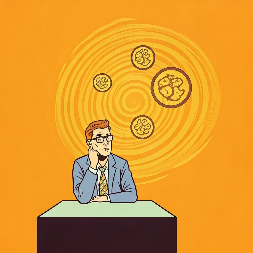 Person weighing healthy meal against bright cravings, highlighting balanced choice.