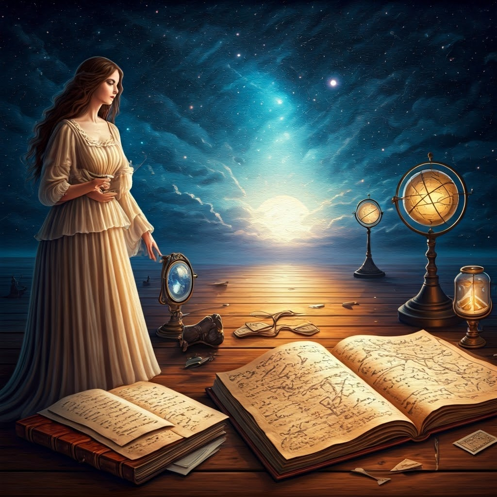 Romantic collage merging old maps with cosmic curiosity.